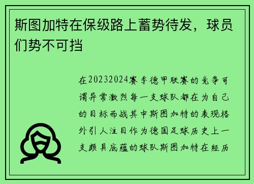 斯图加特在保级路上蓄势待发，球员们势不可挡